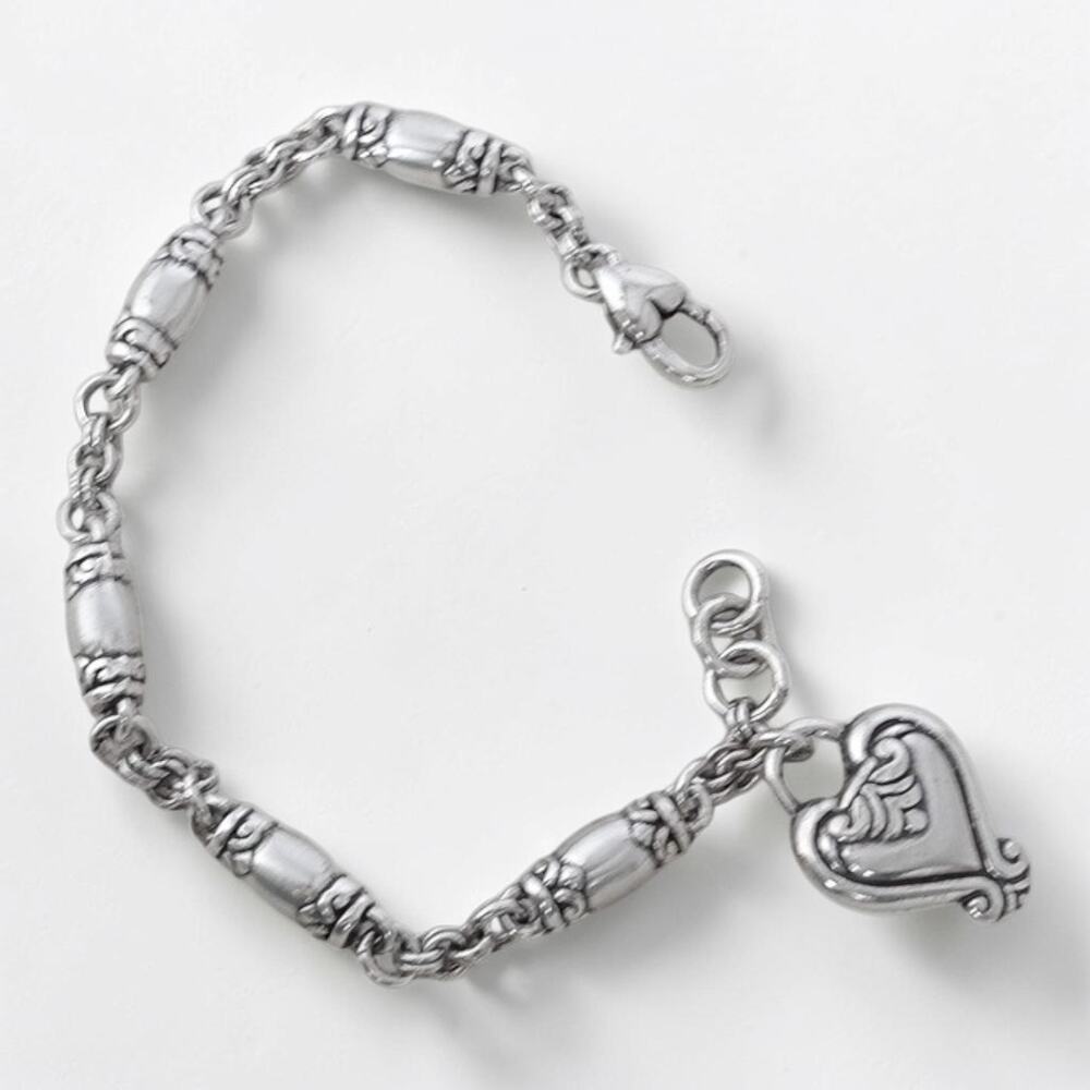 Vintage Brighton Blaire Brushed Silver Barrel Link Bracelet Dangling Heart Charm
